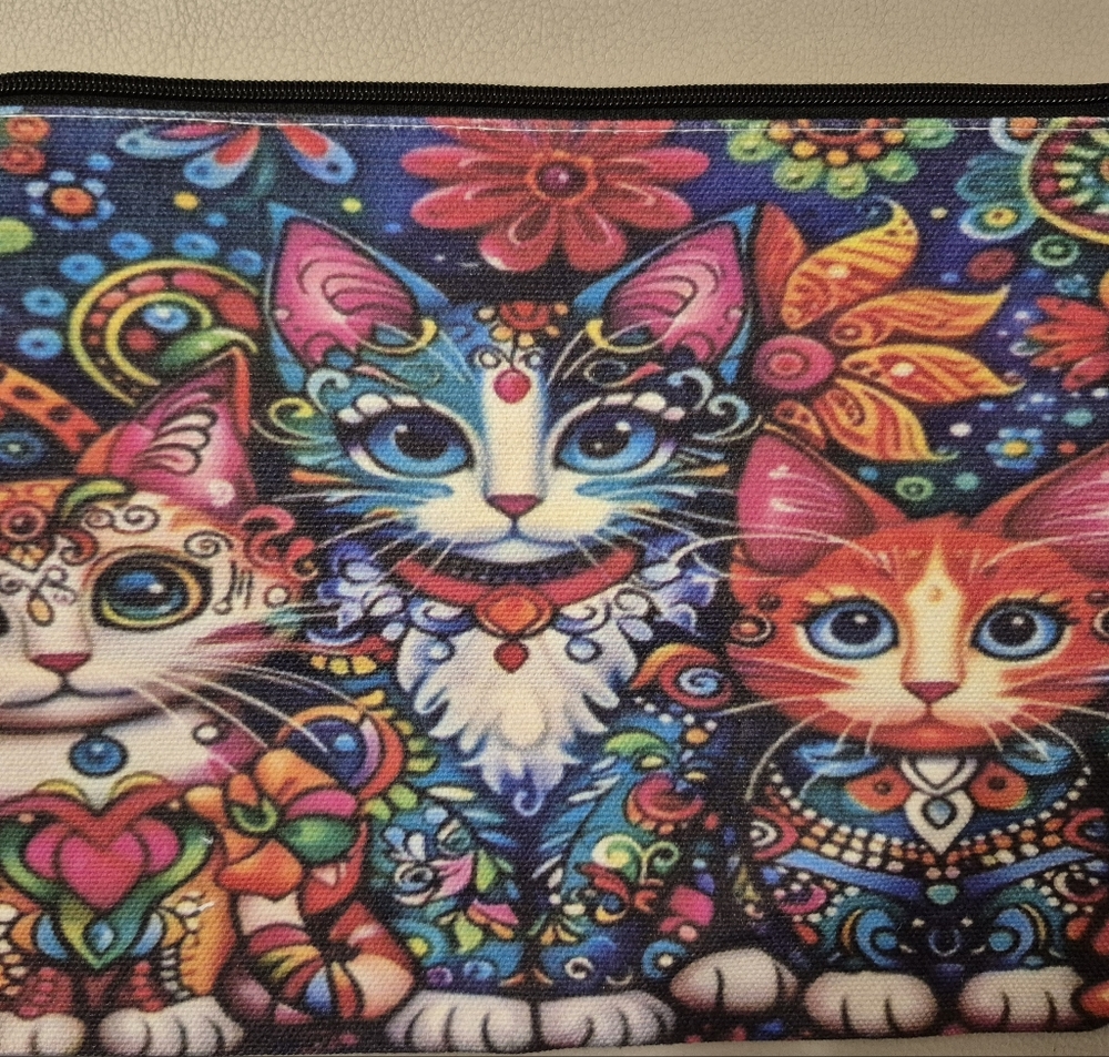 Playful Red and Pink Cosmetic Bag with Artistic Flair